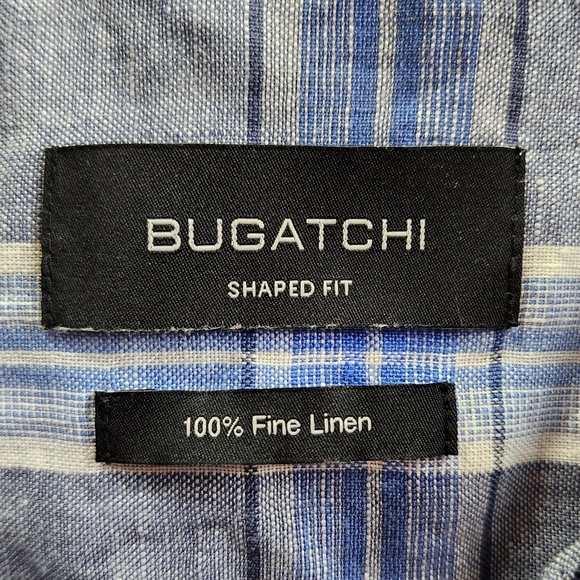 Bugatchi Julian Plaid Check Linen Shirt BS5276L4S Denim Blue Mens Sz Med - Picture 2 of 11